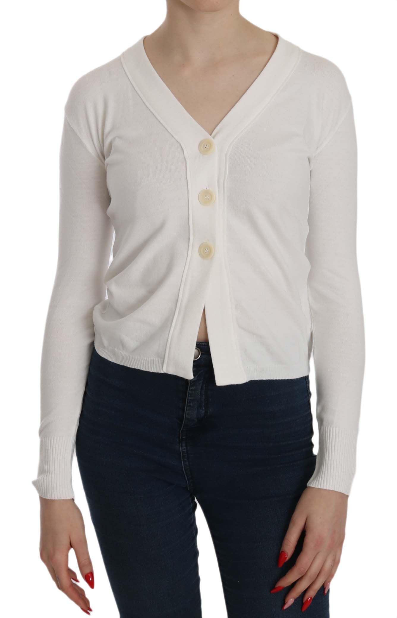 Elegant White V-Neck Cropped Cardigan Blouse - SEHABRANDS