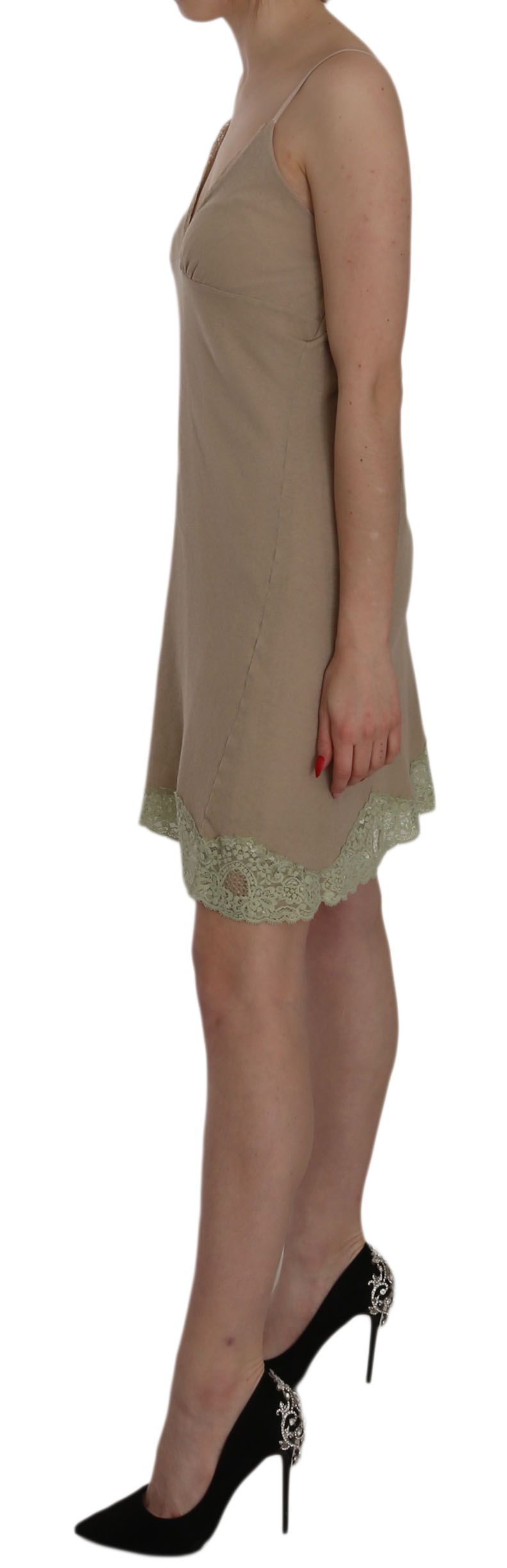 Elegant Beige Lace Spaghetti Strap Mini Dress - SEHABRANDS