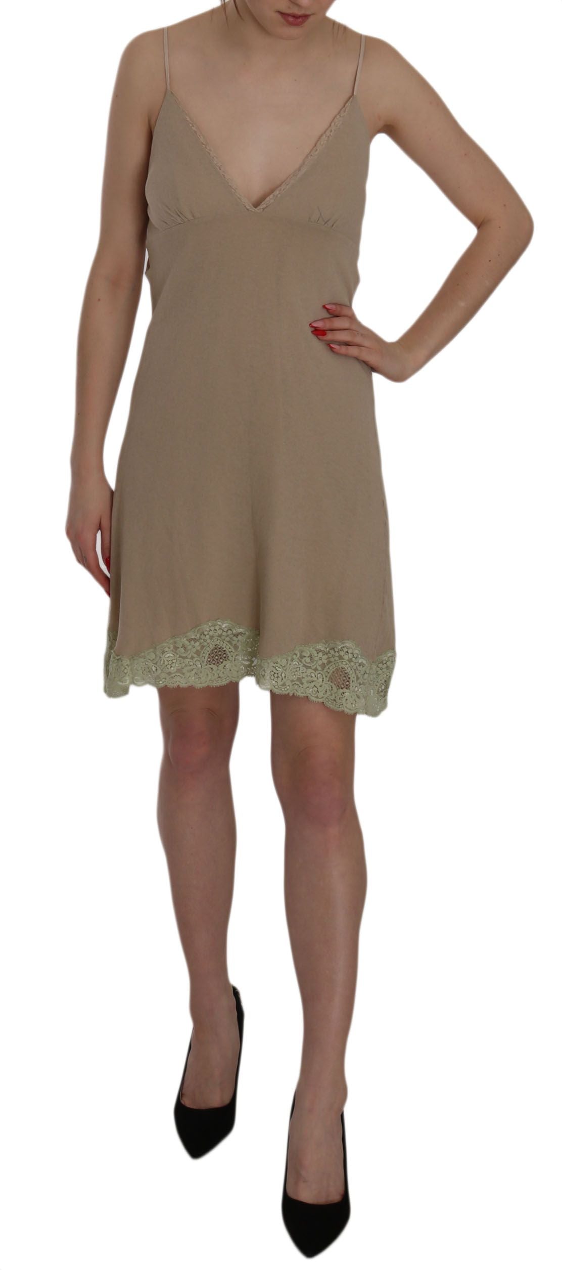 Elegant Beige Lace Spaghetti Strap Mini Dress - SEHABRANDS