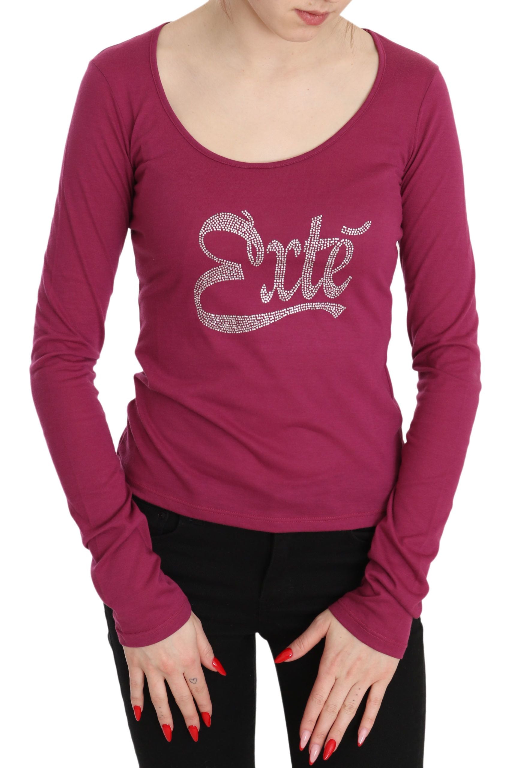 Elegant Pink Crystal Embellished Long Sleeve Top - SEHABRANDS