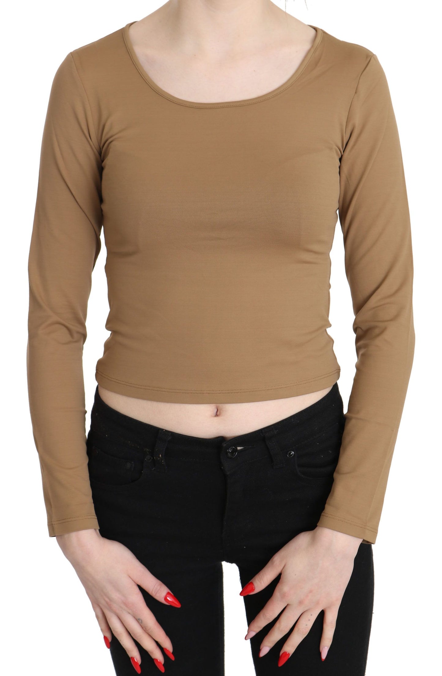 Elegant Brown Long Sleeve Cropped Top - SEHABRANDS