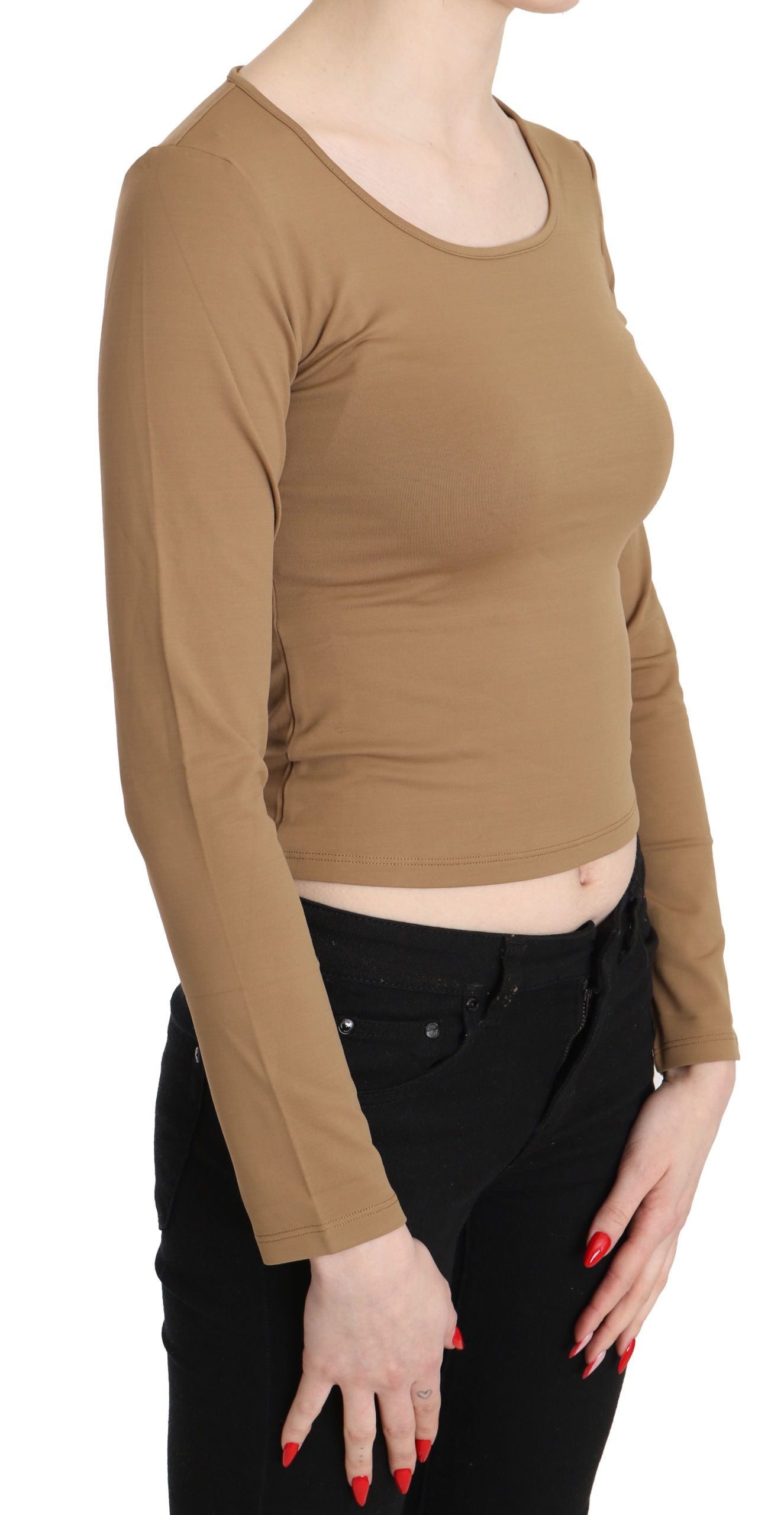 Elegant Brown Long Sleeve Cropped Top - SEHABRANDS