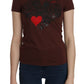 Chic Brown Heart Print Crew Neck Top - SEHABRANDS