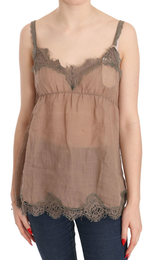 Elegant Lace Brown Linen Blouse - SEHABRANDS