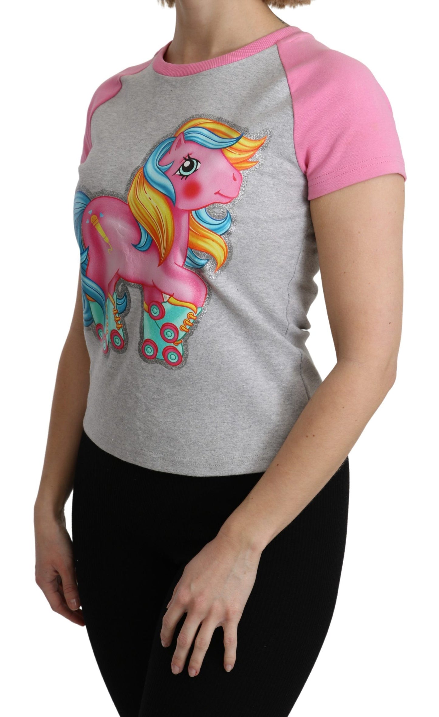 Chic Gray Crew Neck Cotton T-shirt with Pink Accents - SEHABRANDS