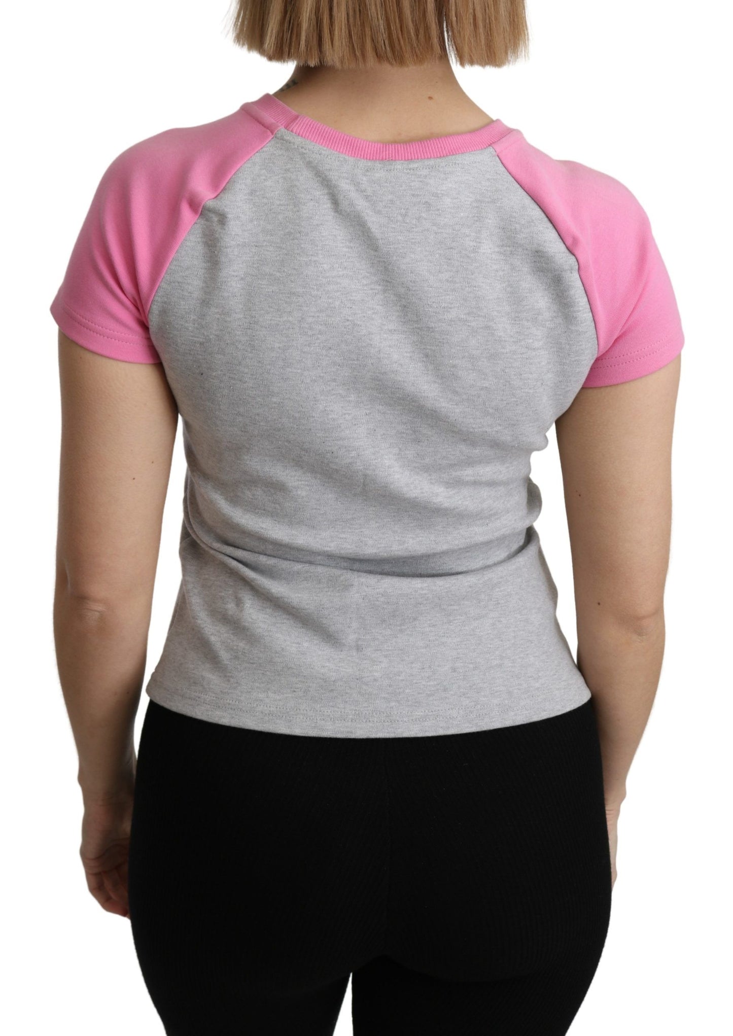 Chic Gray Crew Neck Cotton T-shirt with Pink Accents - SEHABRANDS