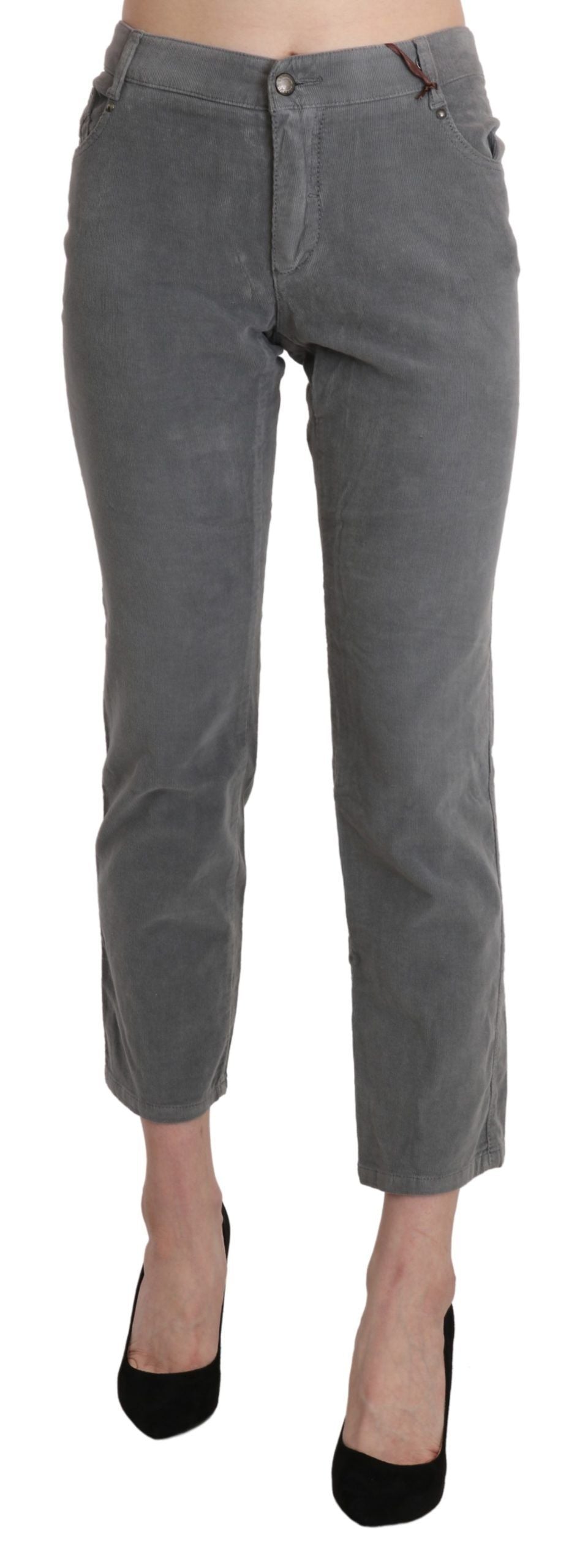 Chic Gray Mid Waist Cropped Trousers - SEHABRANDS