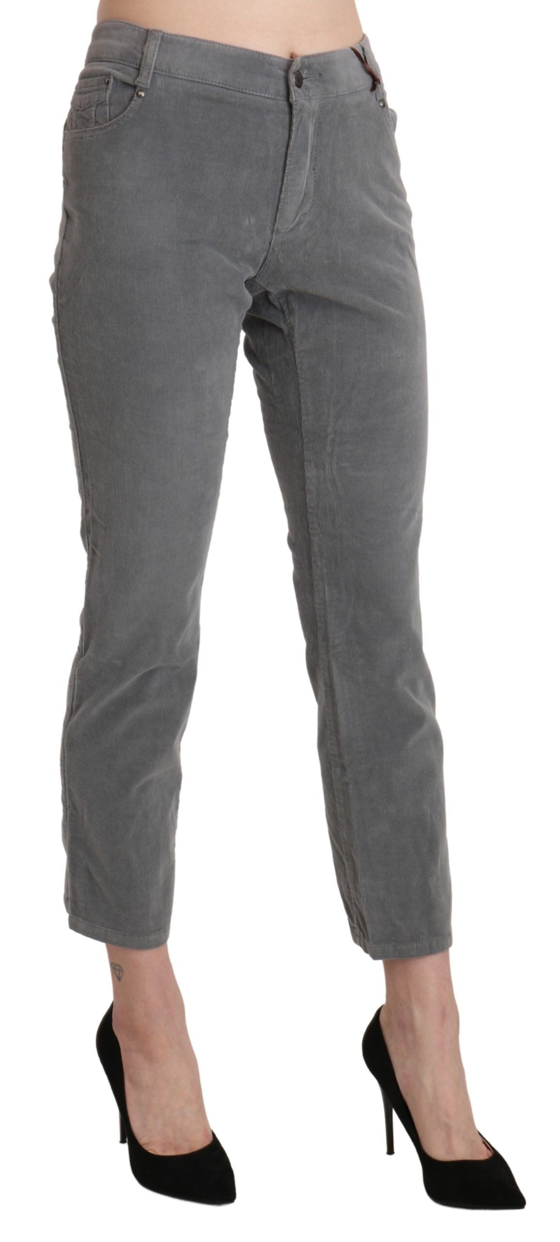 Chic Gray Mid Waist Cropped Trousers - SEHABRANDS