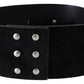 Elegant Black Leather Wide Belt with Silver Tone Buckle - SEHABRANDS