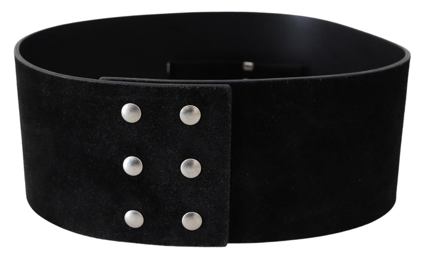 Elegant Black Leather Wide Belt with Silver Tone Buckle - SEHABRANDS