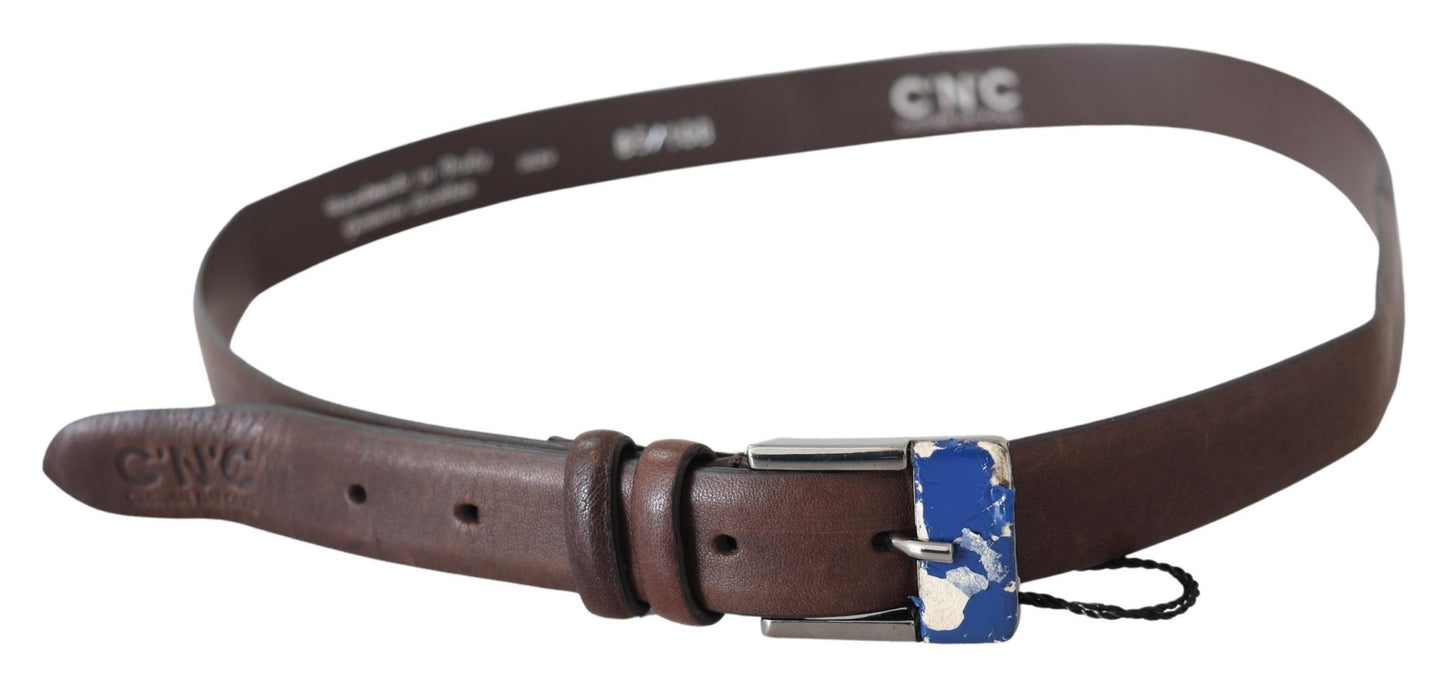 Elegant Brown Leather Classic Belt with Silver-Tone Buckle - SEHABRANDS