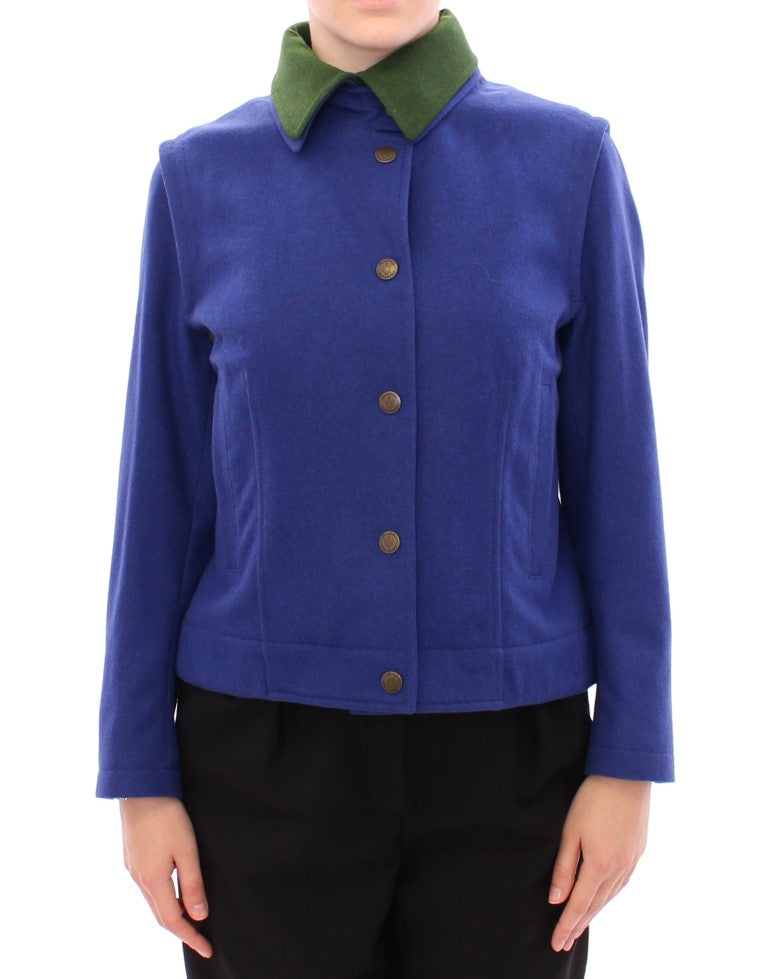 Elegant Blue Wool Jacket with Removable Collar - SEHABRANDS