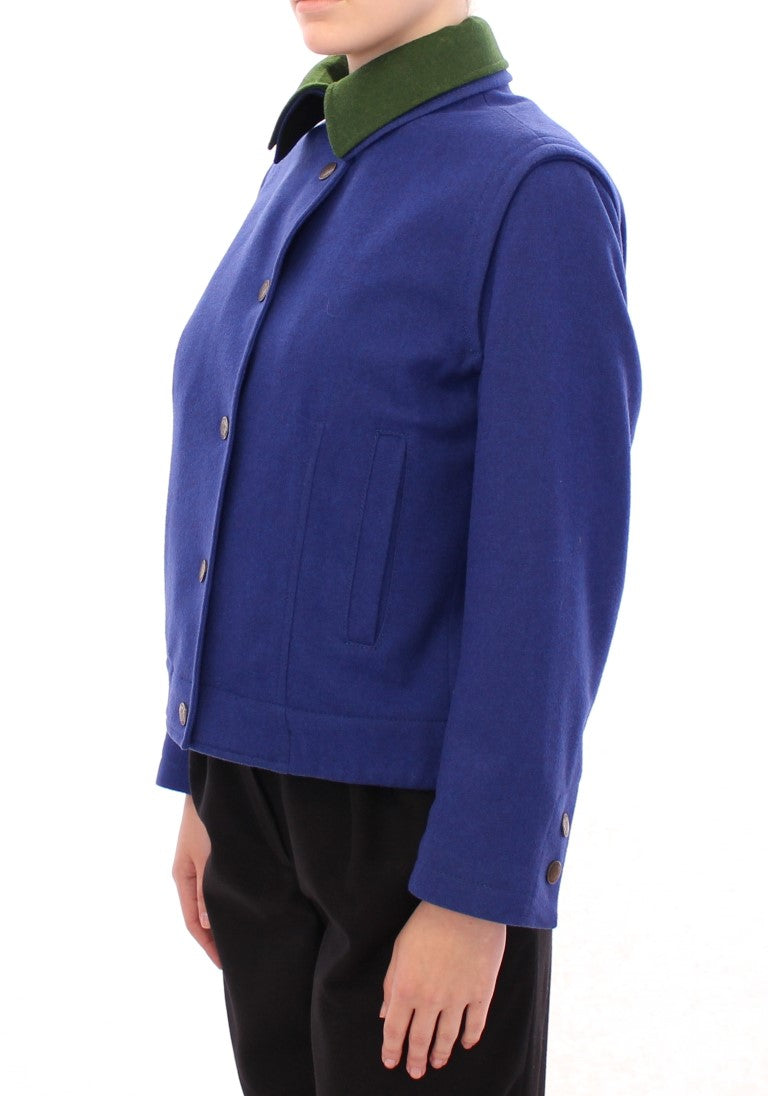 Elegant Blue Wool Jacket with Removable Collar - SEHABRANDS