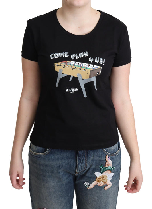 Chic Black Cotton Tee with Playful Print - SEHABRANDS