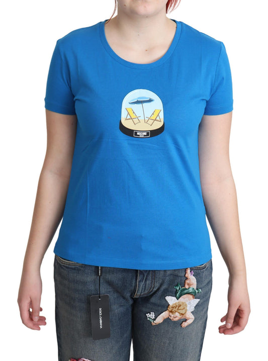 Chic Blue Cotton Tee with Iconic Print - SEHABRANDS