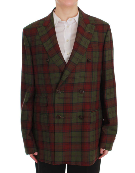 Elegant Checkered Double-Breasted Wool Blazer - SEHABRANDS