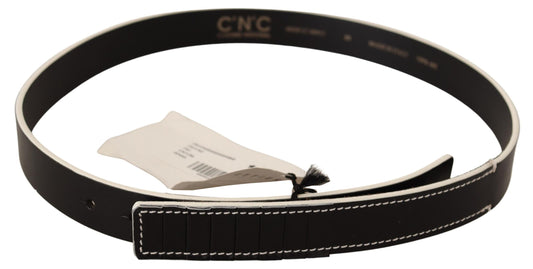 Chic Black Leather Fashion Belt with White Accents - SEHABRANDS