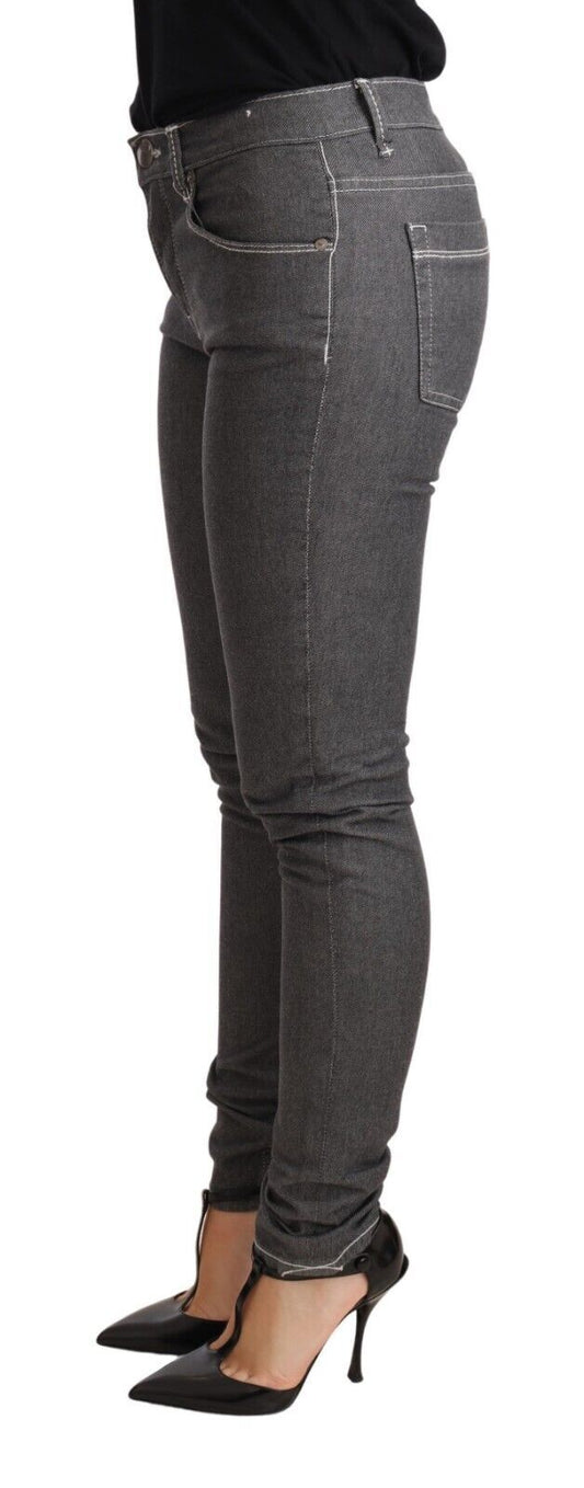 Elegant Gray Mid Waist Skinny Jeans - SEHABRANDS