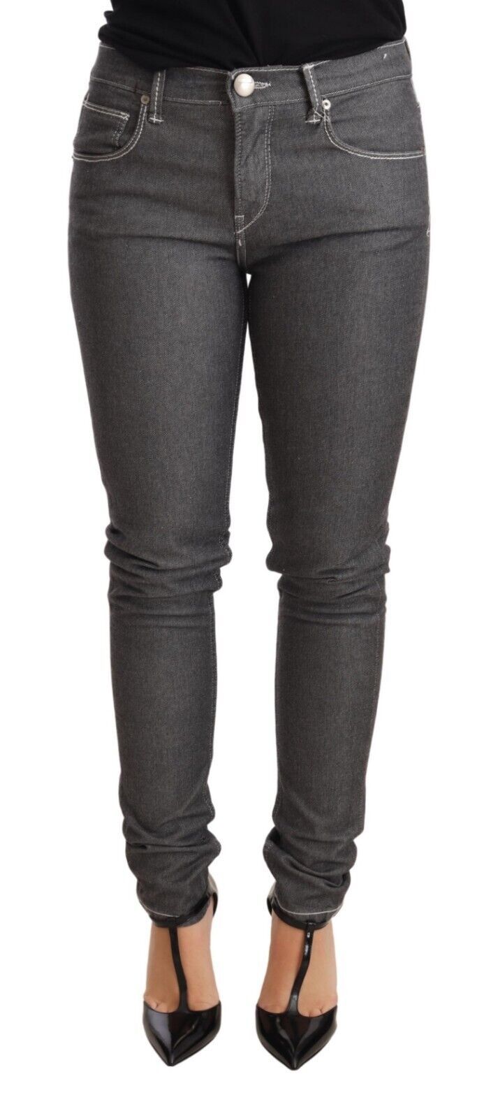 Elegant Gray Mid Waist Skinny Jeans - SEHABRANDS