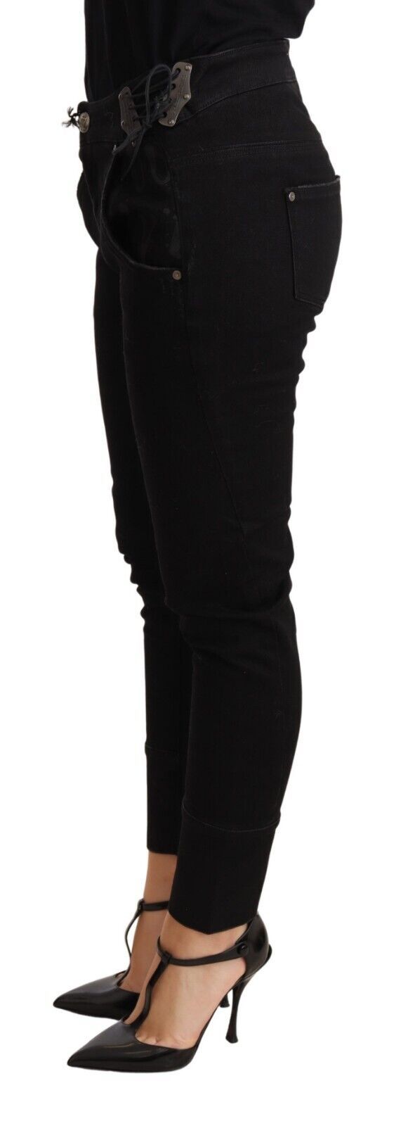 Chic Low Waist Skinny Black Cotton Trousers - SEHABRANDS