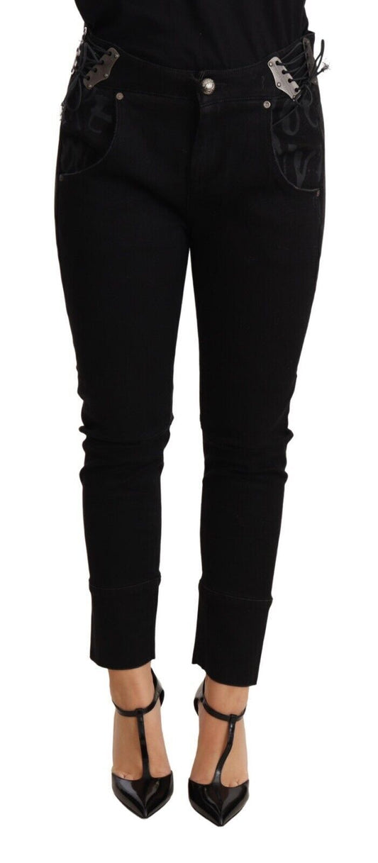 Chic Low Waist Skinny Black Cotton Trousers - SEHABRANDS