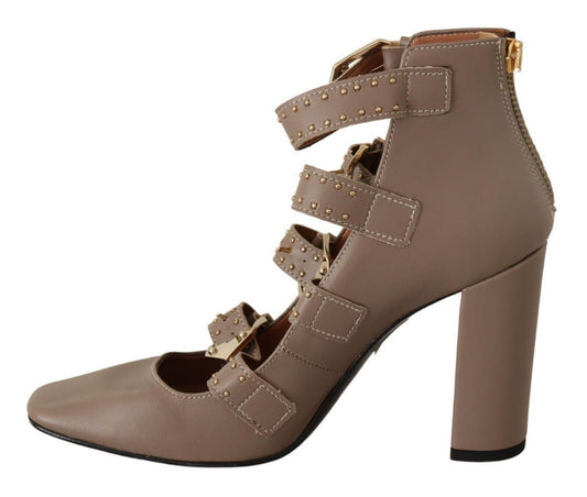 Elegant Leather Multi-Buckle Heels in Brown - SEHABRANDS