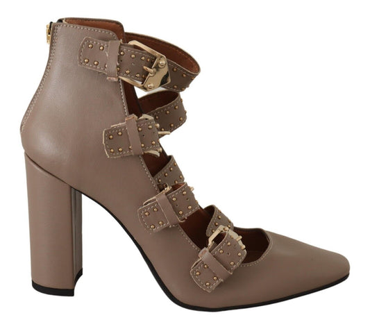 Elegant Leather Multi-Buckle Heels in Brown - SEHABRANDS