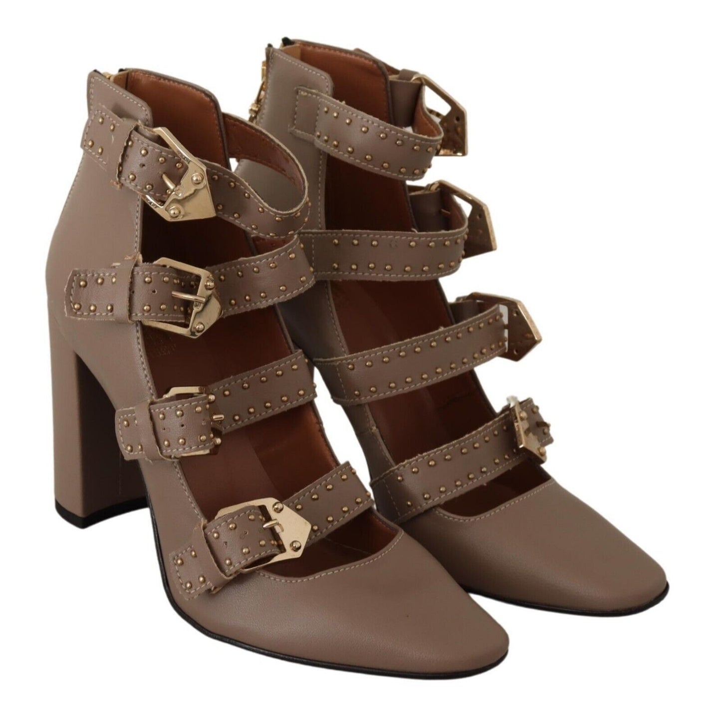 Elegant Leather Multi-Buckle Heels in Brown - SEHABRANDS