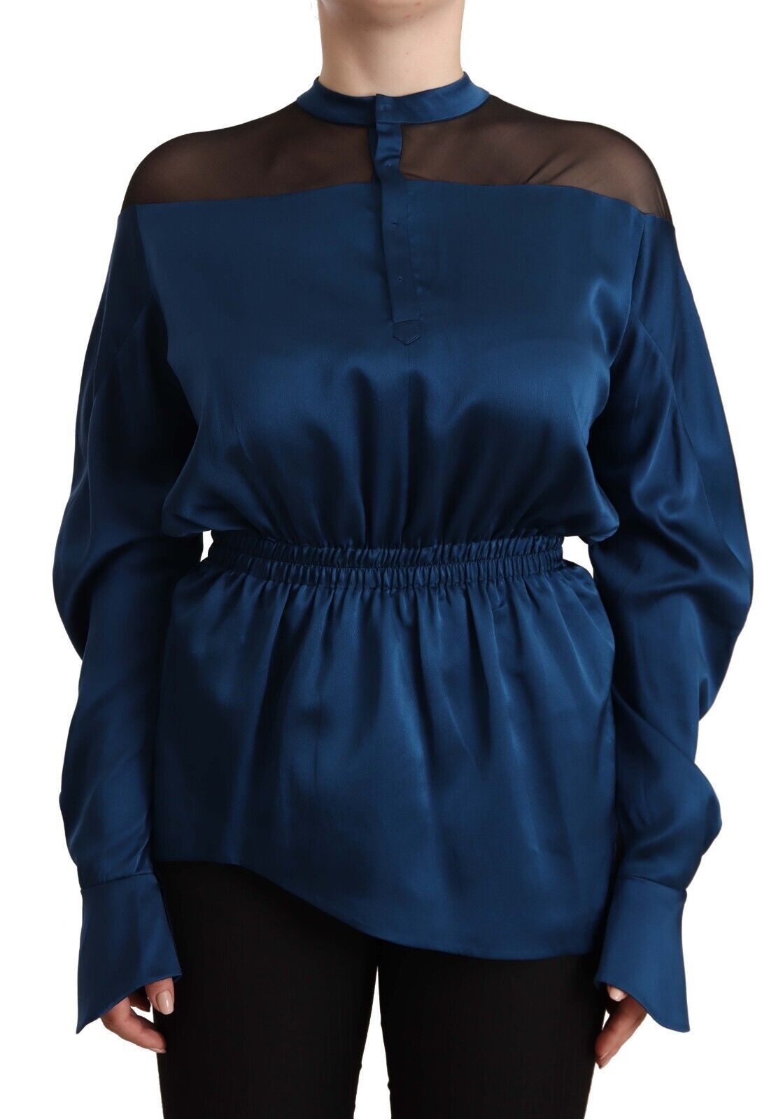 Elegant Crew Neck Silk Blouse in Blue - SEHABRANDS