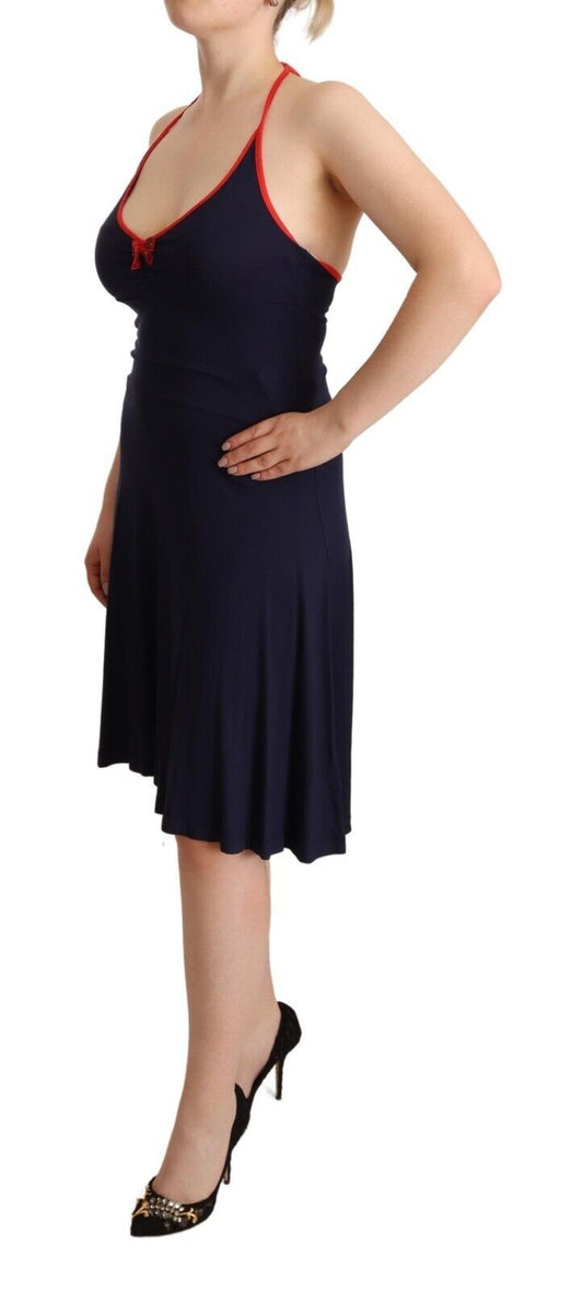 Navy Blue Cotton Midi Halter Dress - SEHABRANDS