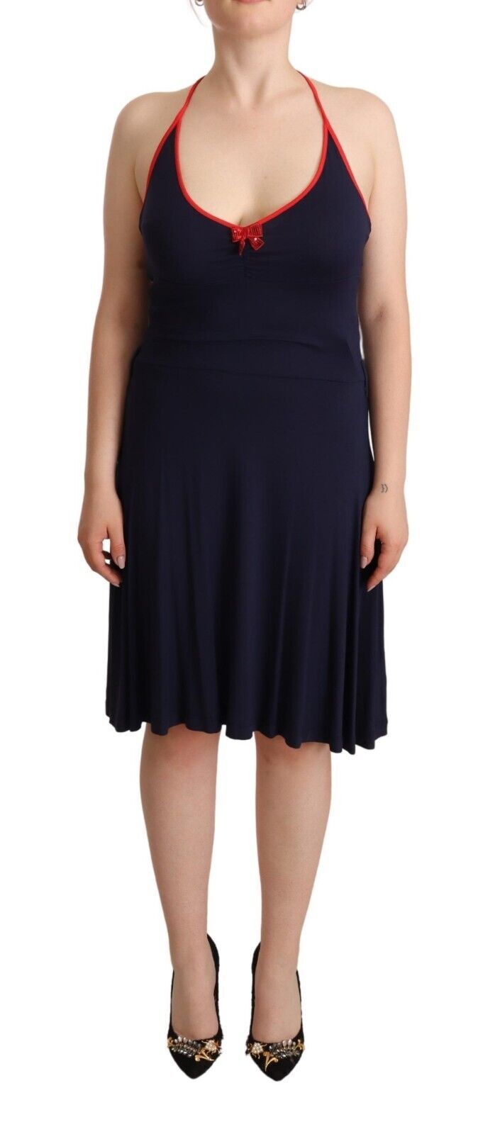 Navy Blue Cotton Midi Halter Dress - SEHABRANDS