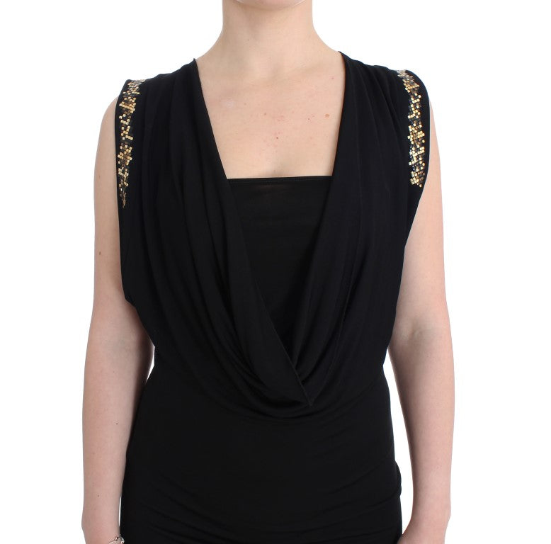 Elegant Sleeveless Black Mini Dress with Gold Details - SEHABRANDS