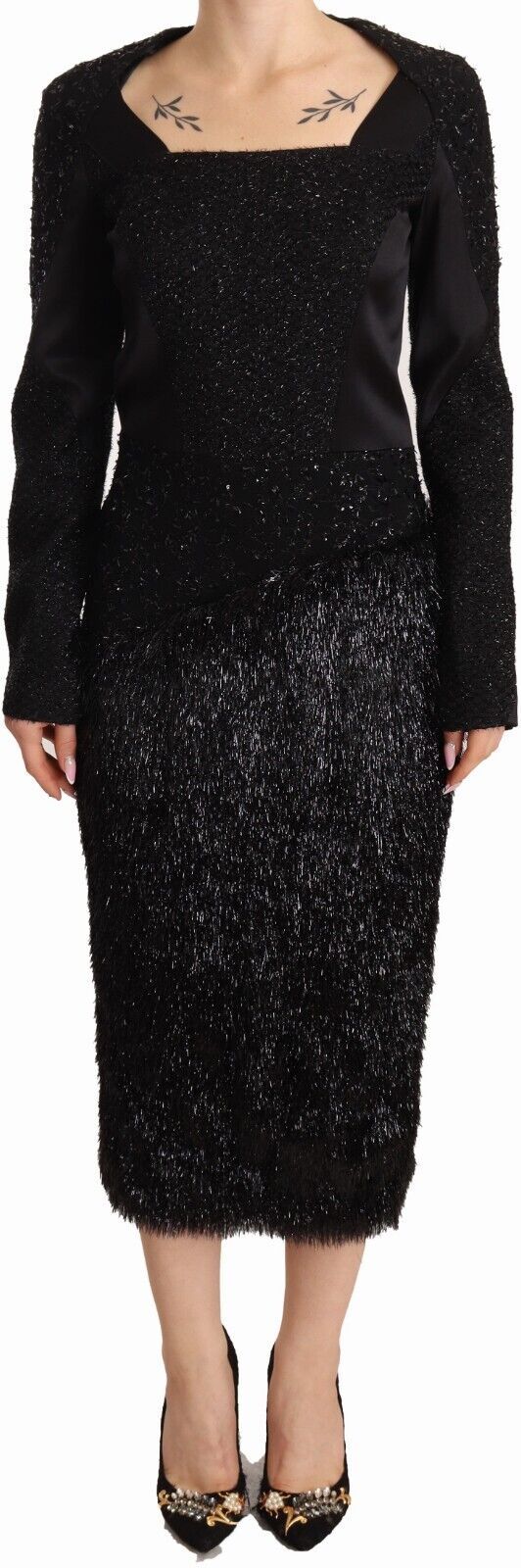 Elegant Black Embellished Sheath Midi Dress - SEHABRANDS