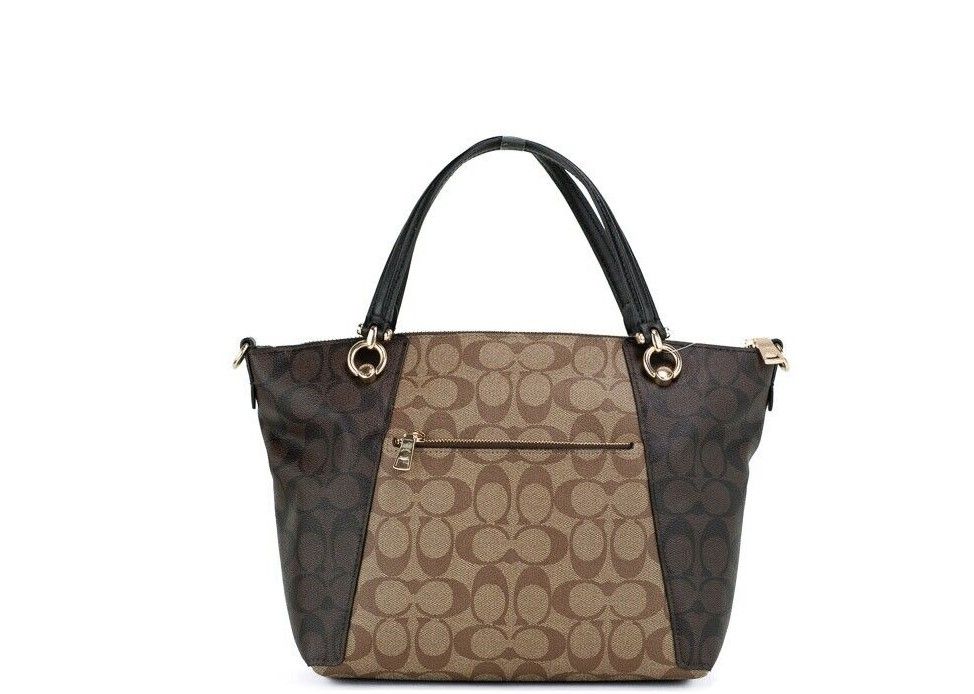 Kacey Khaki Brown Blocked Signature Canvas Top Zip Satchel Handbag - SEHABRANDS