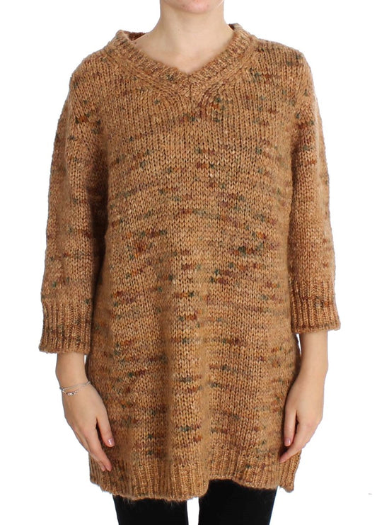 Chic Brown Oversize Knitted V-Neck Sweater - SEHABRANDS