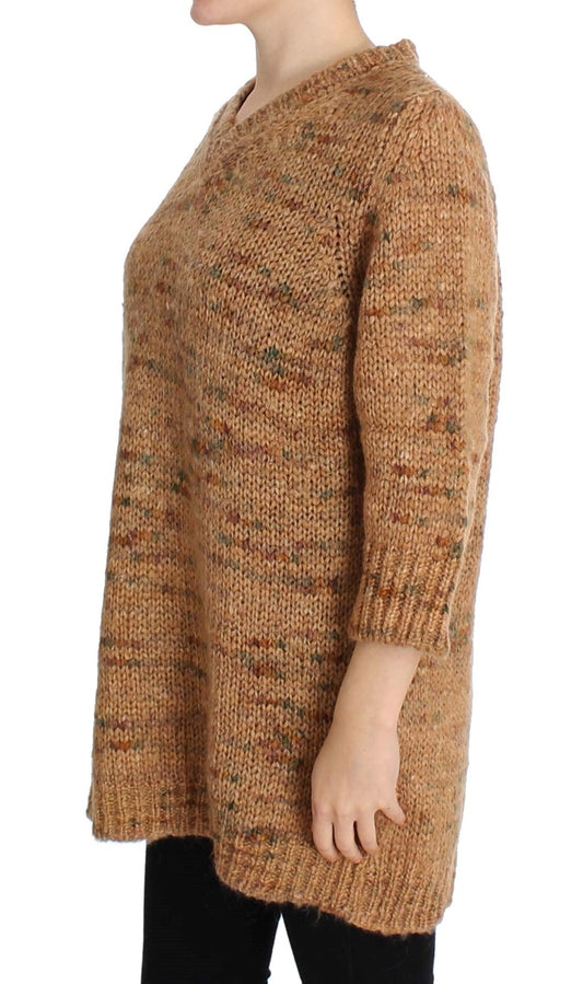 Chic Brown Oversize Knitted V-Neck Sweater - SEHABRANDS