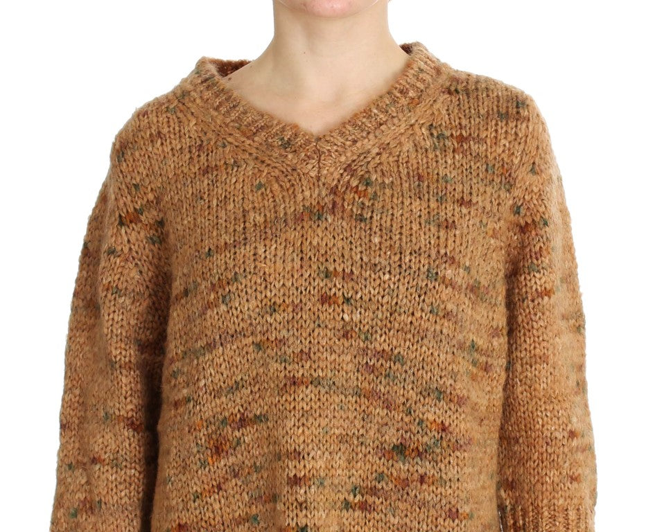 Chic Brown Oversize Knitted V-Neck Sweater - SEHABRANDS