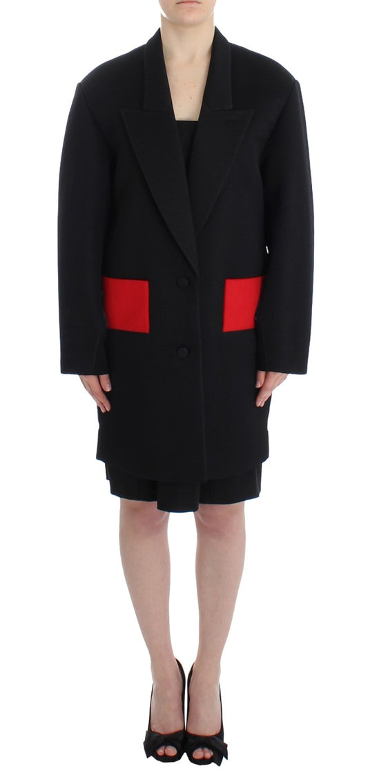 Elegant Draped Long Coat in Black with Red Accents - SEHABRANDS