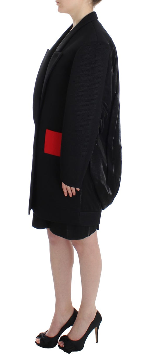 Elegant Draped Long Coat in Black with Red Accents - SEHABRANDS