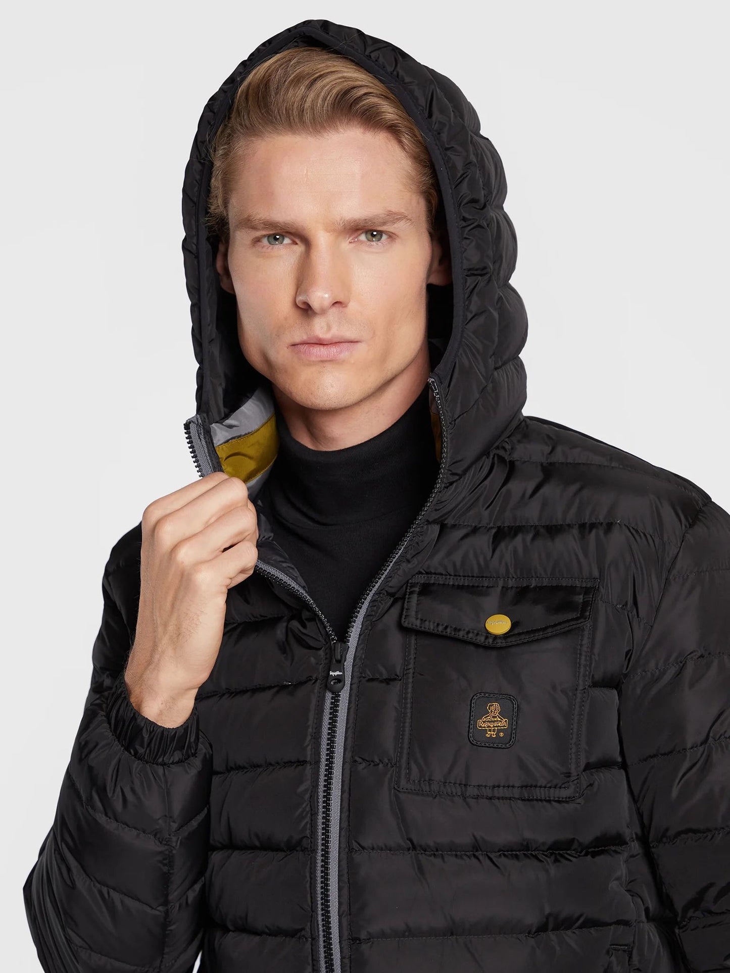 Elegant Black Hooded Down Jacket with Chic Olive Accent - SEHABRANDS