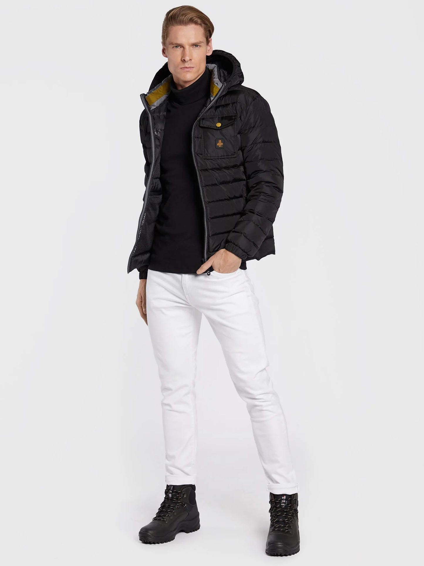 Elegant Black Hooded Down Jacket with Chic Olive Accent - SEHABRANDS