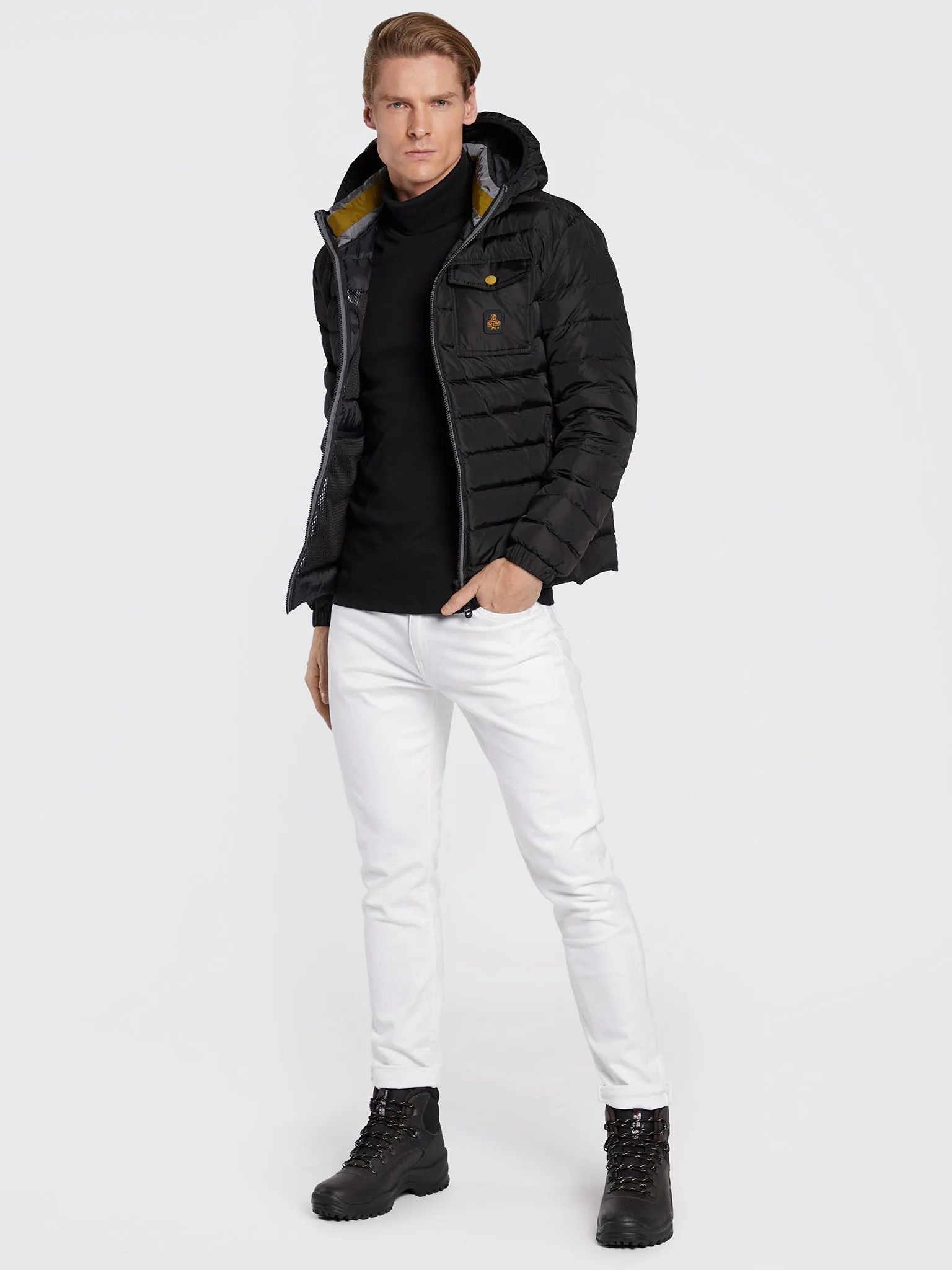 Elegant Black Hooded Down Jacket with Chic Olive Accent - SEHABRANDS