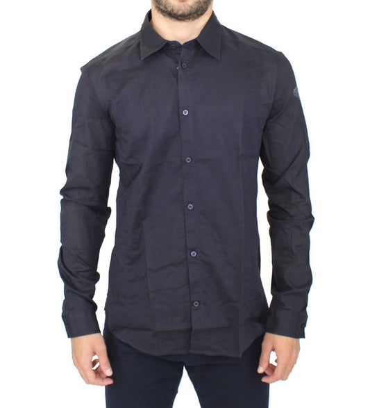 Elegant Blue Cotton Slim Casual Shirt - SEHABRANDS