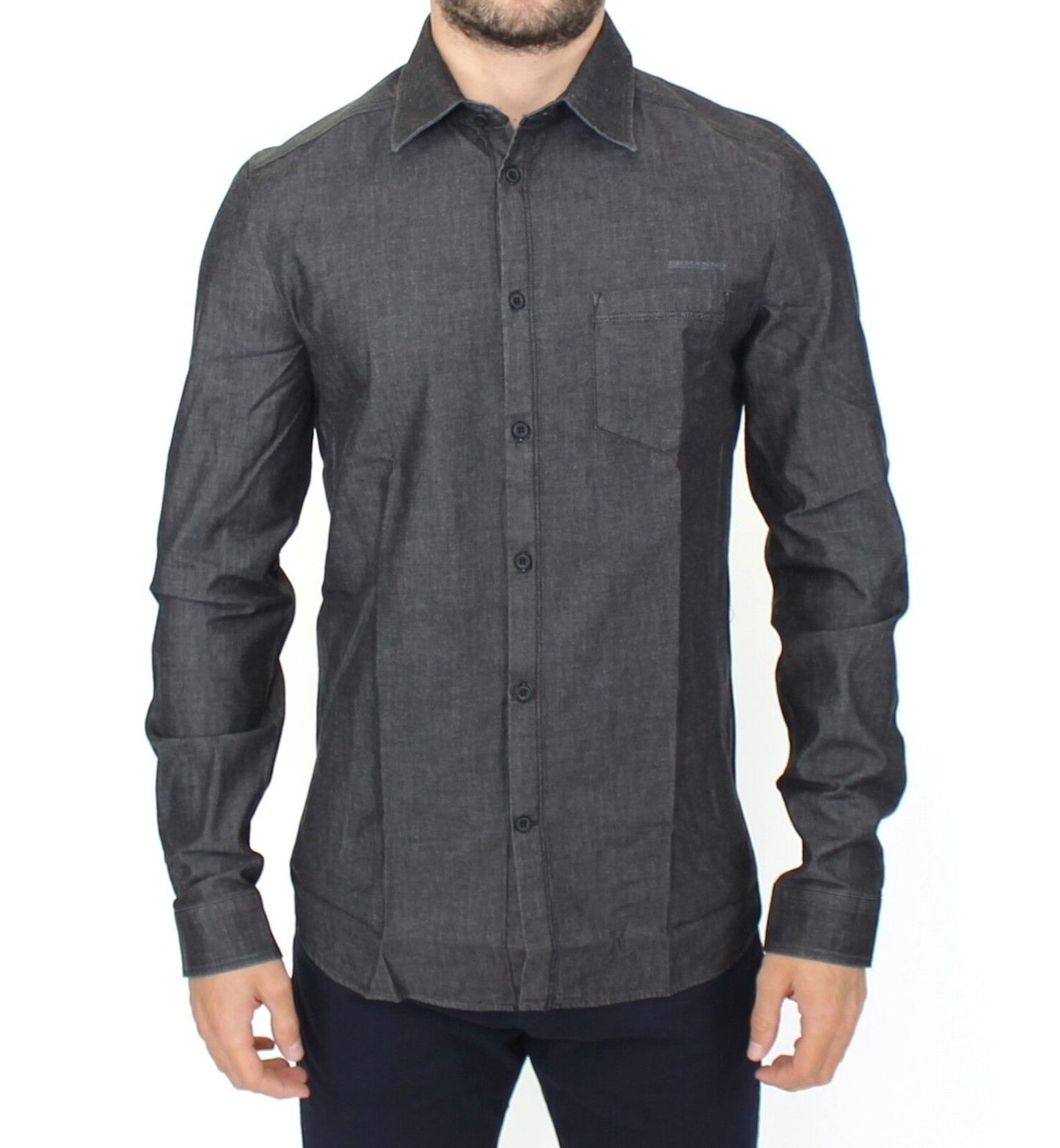 Elegant Gray Stretch Denim Casual Shirt - SEHABRANDS