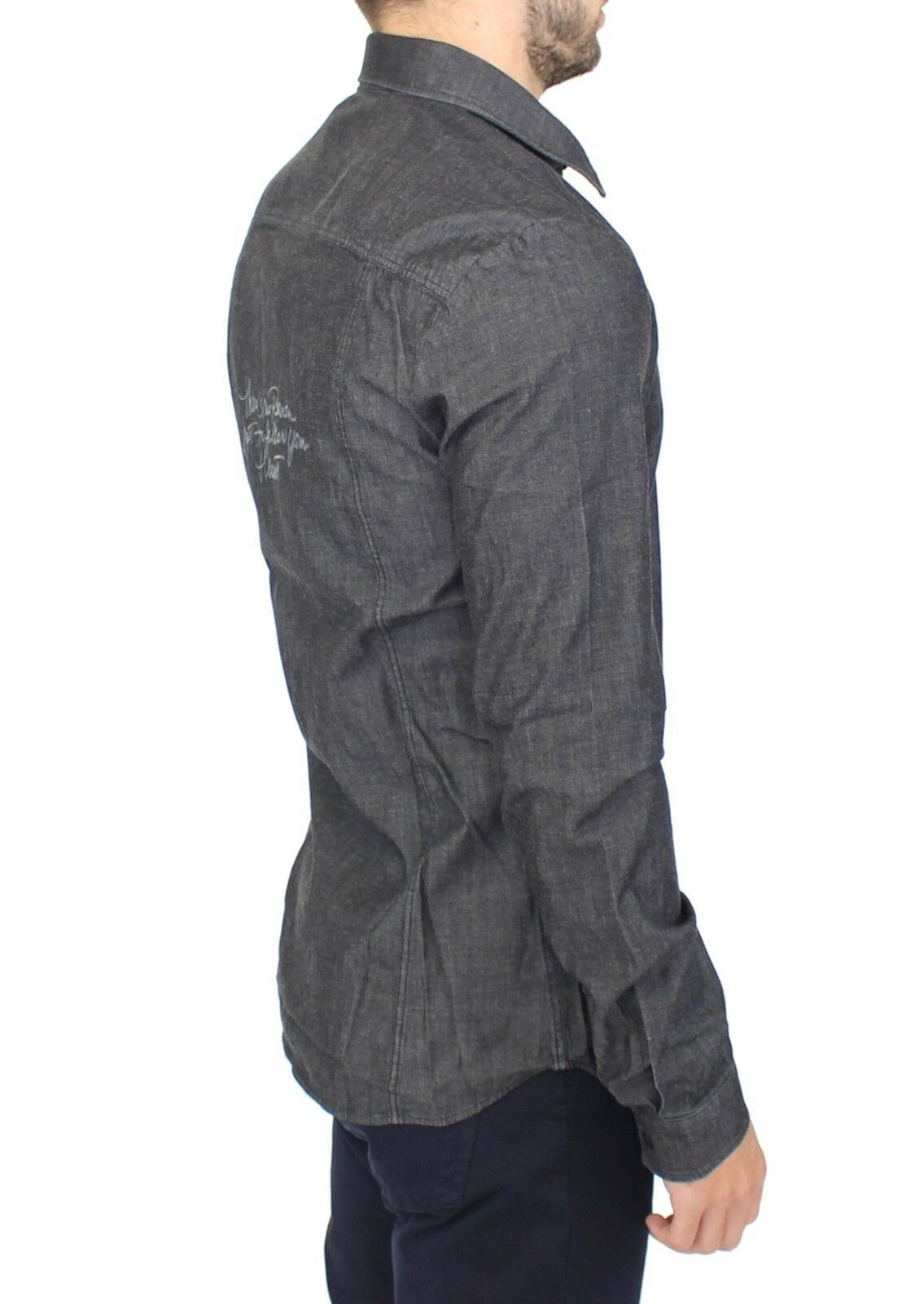 Elegant Gray Stretch Denim Casual Shirt - SEHABRANDS