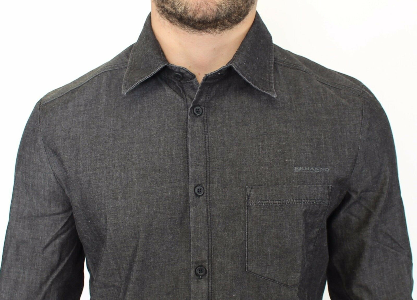 Elegant Gray Stretch Denim Casual Shirt - SEHABRANDS