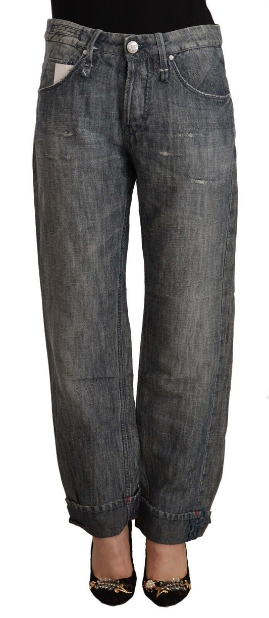 Chic Gray Straight Cut Ramie-Cotton Jeans - SEHABRANDS