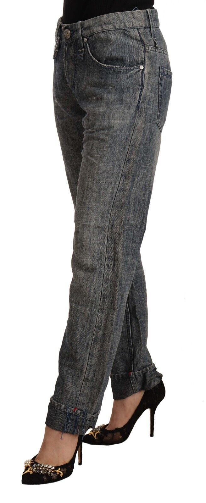 Chic Gray Straight Cut Ramie-Cotton Jeans - SEHABRANDS