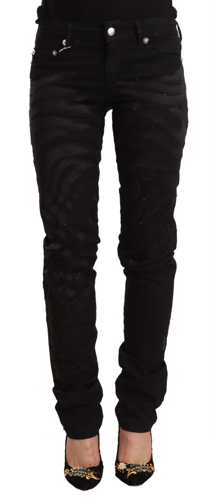 Elegant Black Slim Fit Embellished Jeans - SEHABRANDS