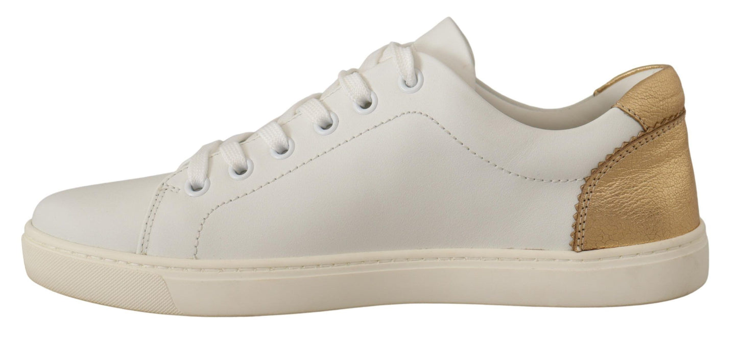 Dolce & Gabbana Elegant White Leather Sneakers with Gold Accents